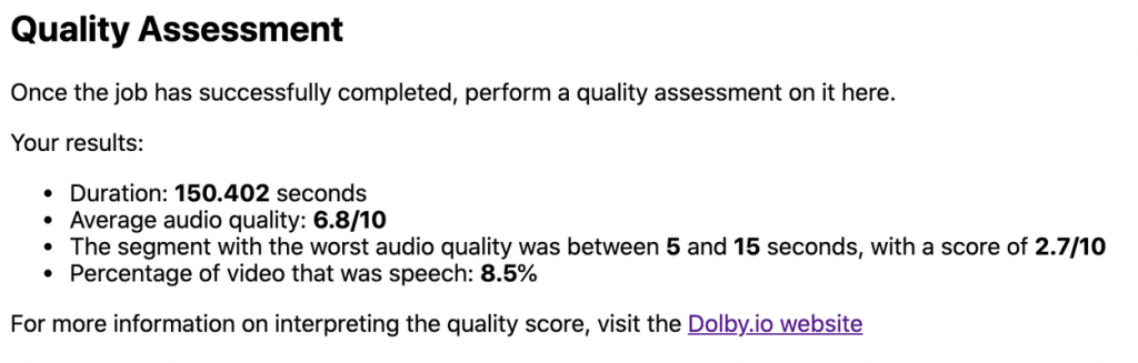 Dolby.io quality assessment results