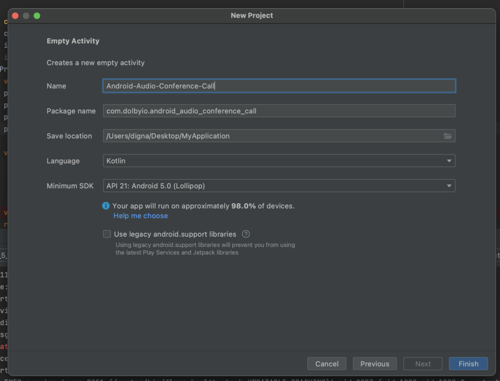 Android Studio create new project screen