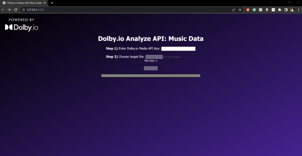 The starting screen of the Dolby.io Analyze API Music Data Web app found here:https://github.com/dolbyio-samples/blog-analyze-music-web. SOCAN, Loudness, Music, Video, Analyze Media API