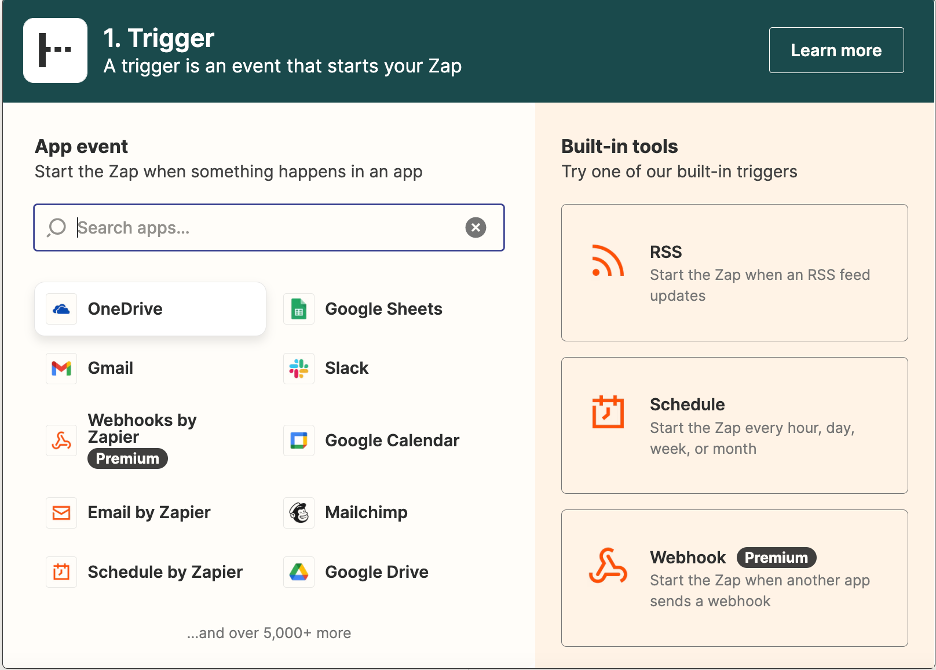 Trigger menu for Zapier zap. User should select OneDrive, which is written in the top left corner of the list of apps. The logo for OneDrive is two blue clouds overlapping within a white square.
