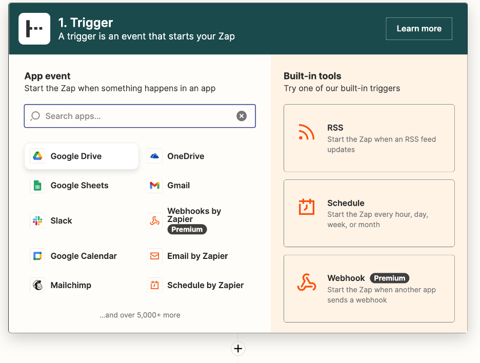 This is the zapier trigger app selection menu. Listed are many apps, but in the top left corner, the cursor is hovering over the app 'Google Drive.' The Google Drive logo is a triangle with one side as green, one side as yellow, and one side as blue. Where the sides touch the colours overlap and mix.