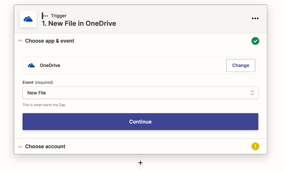 The event settings for the OneDrive zap trigger are pictured. The event is 'New File'. A large, blue, rectangular button at the bottom says 'Continue'