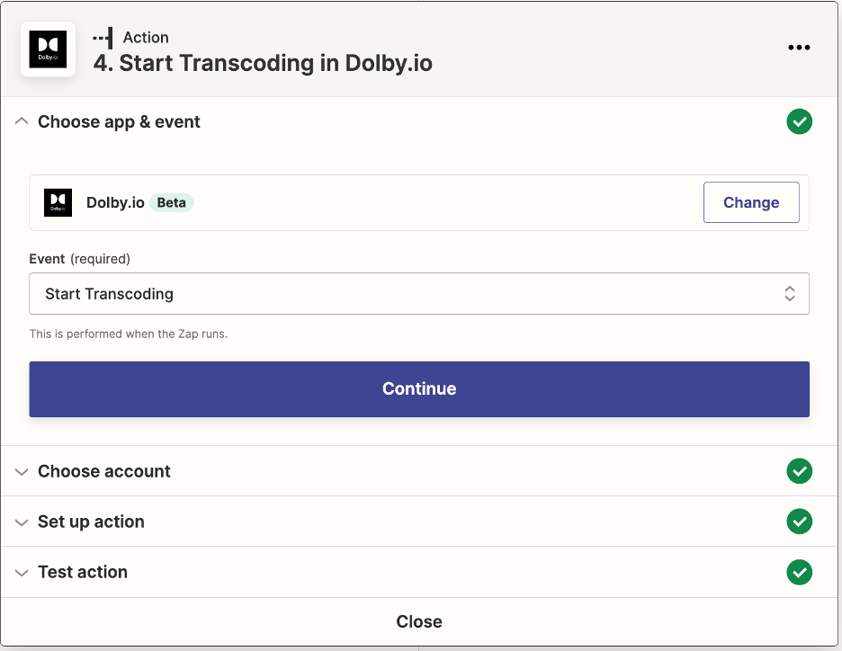 This is an action setup menu for the app 'Dolby.io.' The Event selected is 'Start Transcoding.' Below, there is a large blue rectangle that says 'Continue' for the user to click.