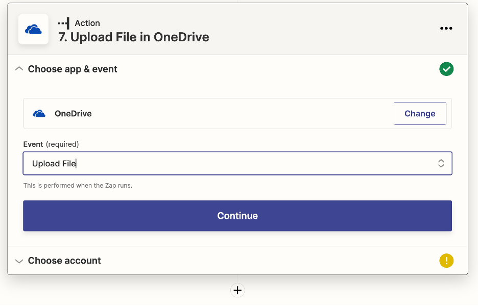 Shown is the 'Choose app & event' menu for the app OneDrive. The event chosen is 'Upload File.' Below, there is a large, blue, rectangular button that says 'Continue' for the user to click.