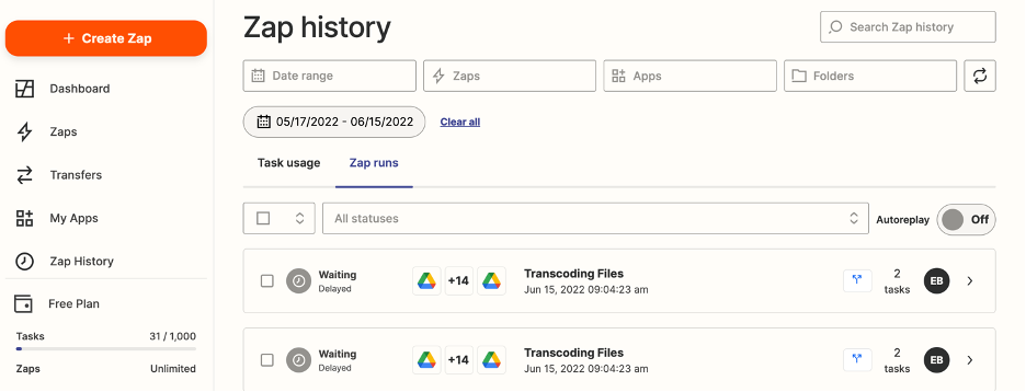 Shown is the zapier dashboard once a user signs in. On the left, there are a bunch of menus to select. Once 'Zap History' is selected, the user can see the status of their zap runs. Shown is two zap runs of the zap 'Transcoding Files' that are currently running.