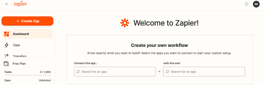 Image shows the Zapier dashboard. to the top left is an orange, rounded off rectangular, button that says ' Create Zap.' This is where users click to begin making a zap.