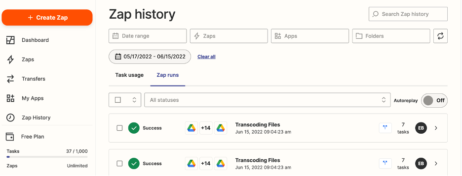 Shown is the zapier dashboard once a user signs in. On the left, there are a bunch of menus to select. Once 'Zap History' is selected, the user can see the status of their zap runs. Shown is two zap runs of the zap 'Transcoding Files' that just finished running.