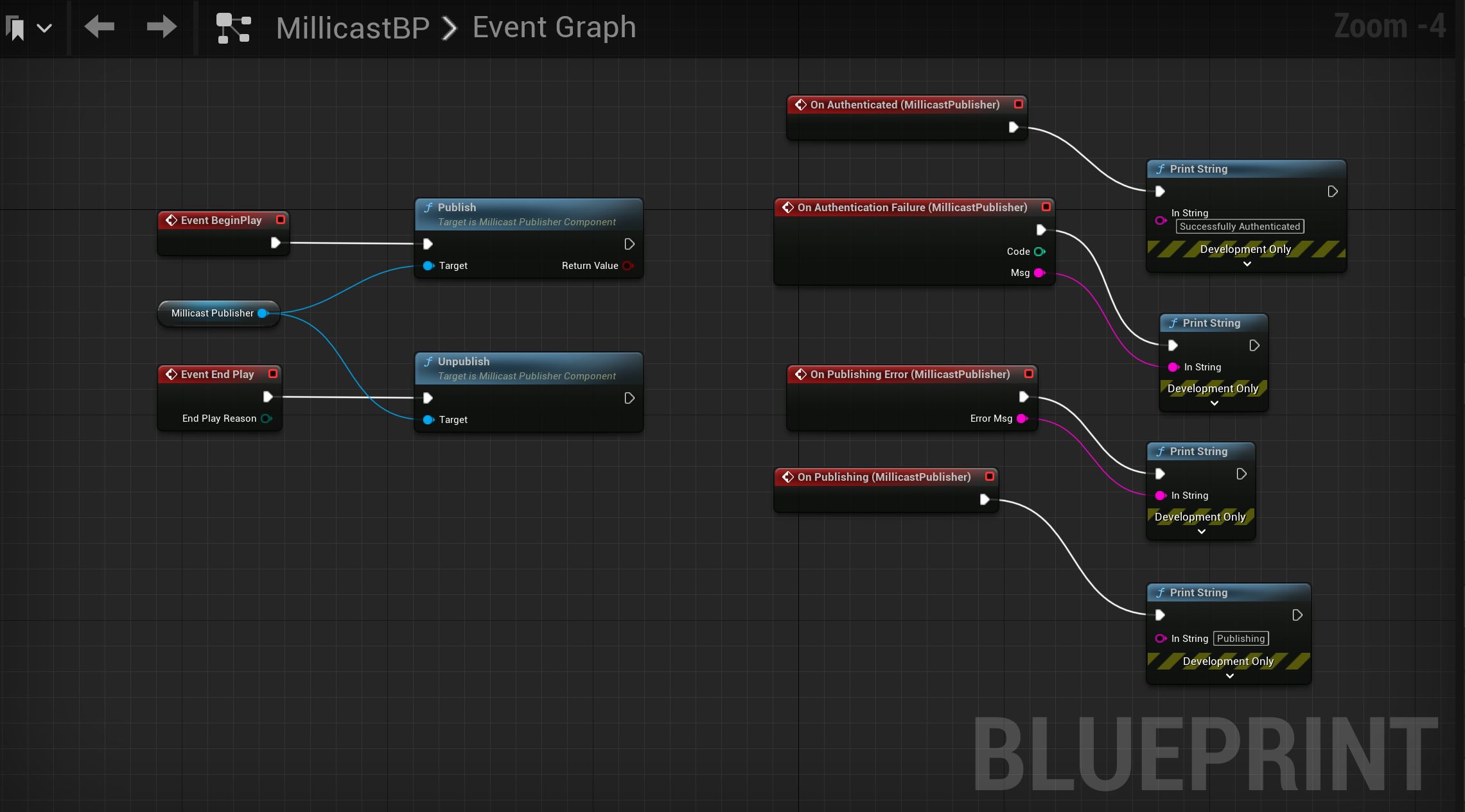 We can add error logging by adding other Dolby.io Streaming Millicast components to the Event Graph blueprint.