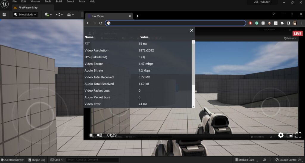 Image of a Livestream delivered with WebRTC to the Browser with real-time latency using the Dolby.io Millicast Streaming plugin for Unreal Engine 5, UE5.