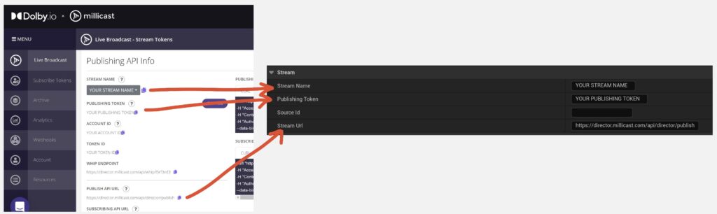 Image highlights how to input Dolby.io Millicast Streaming credentials into the Unreal Engine 5 plugin for creating real-time WebRTC streams for pixel streaming.