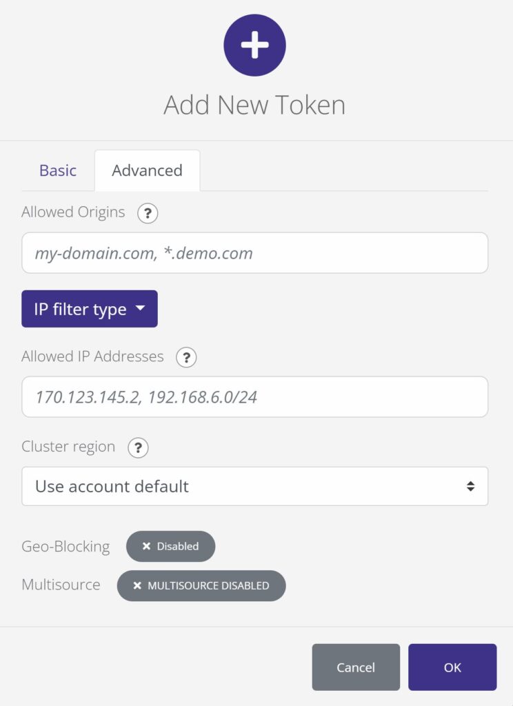 You can switch to the Advanced tab of the Dolby.io Millicast Token creation menu. In the Advanced tab, you can adjust allowed IP addresses, regions, geo-blocking, and allowed domains.