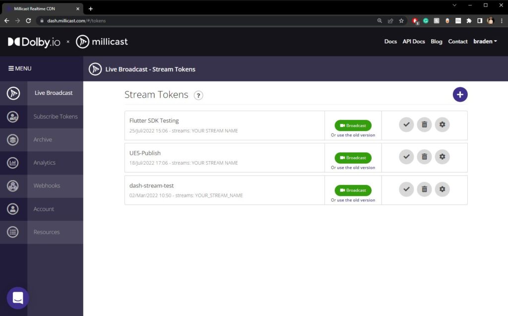 Your Dolby.io Millicast Publishing Token Dashboard with three example tokens visible. as part of a a best practice guide for creating secure Dolby.io Millicast streams using publisher and subscriber tokens to manage streams and viewers.
