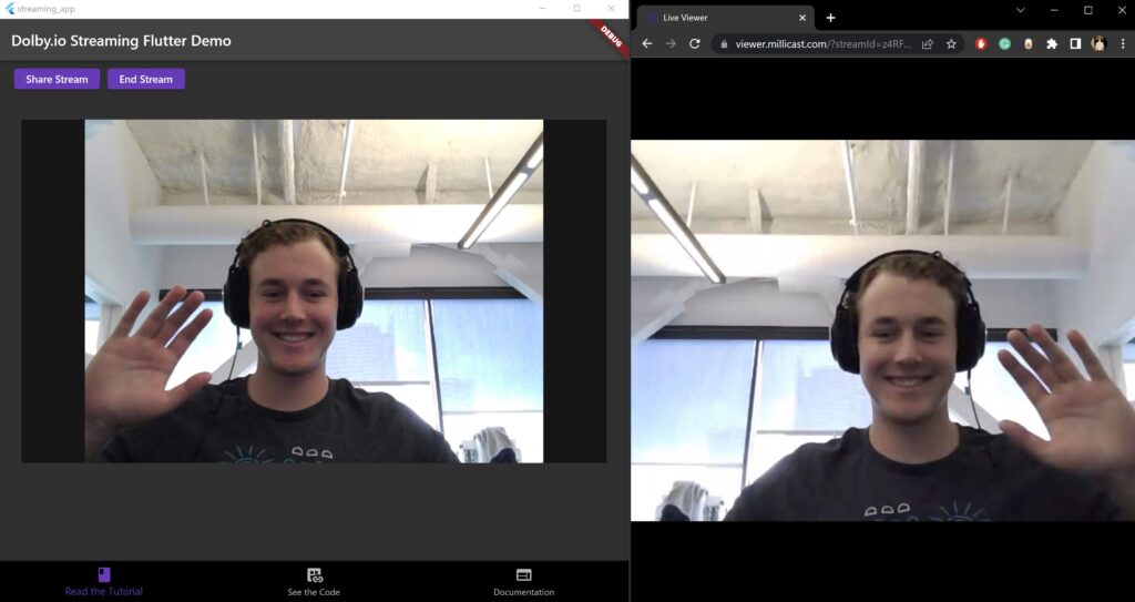 Image of author streaming from a Flutter 3 app into a chrome tab using WebRTC.