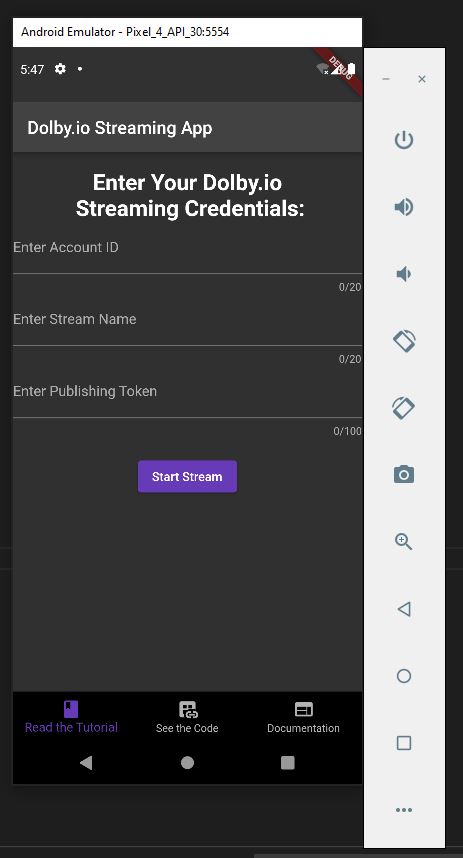 An example of the Flutter real-time streaming app launching on an Android emulator.