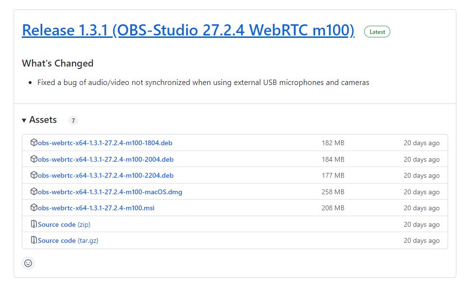 An image of the WebRTC OBS Download page including downloads for Mac Windows and Linux for the most recent release.
