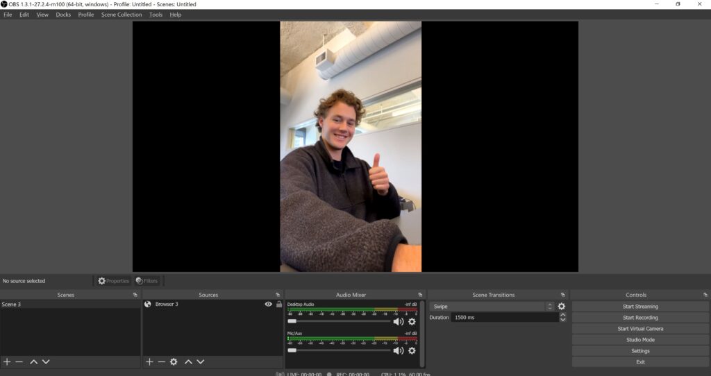 Image of author streaming from his phone into OBS on his laptop.