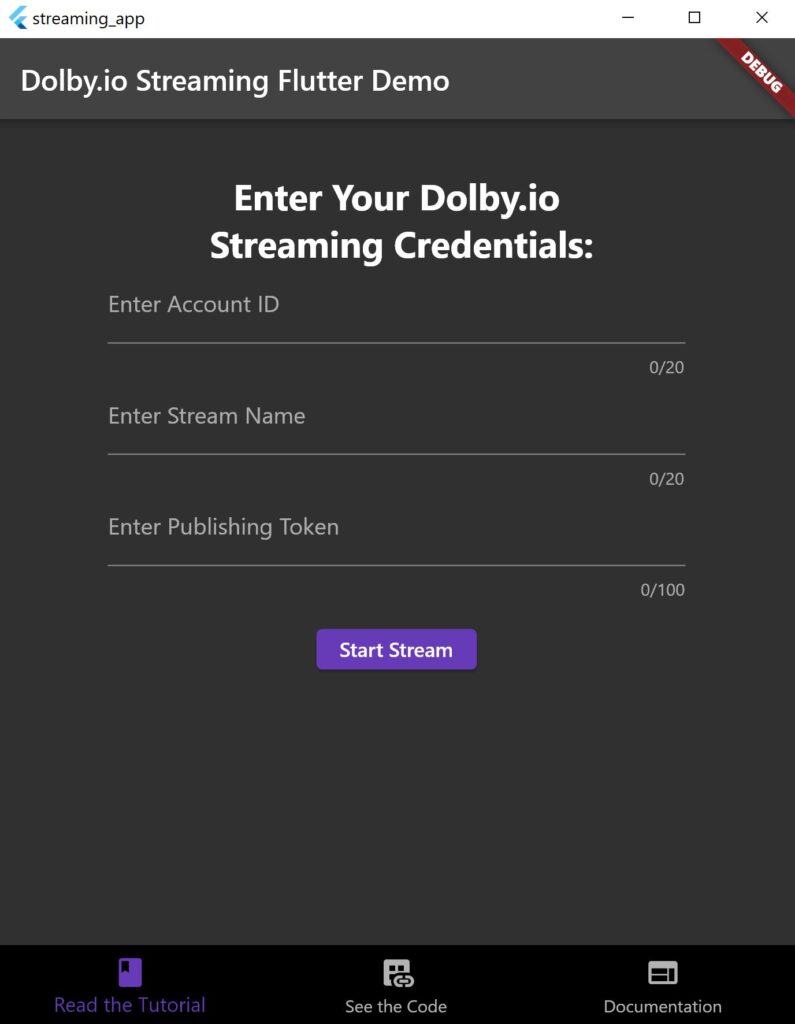Image of the author's sample app that takes in user's Dolby.io account ID, dolby.io stream name, and dolby.io publishing token to start a WebRTC stream.