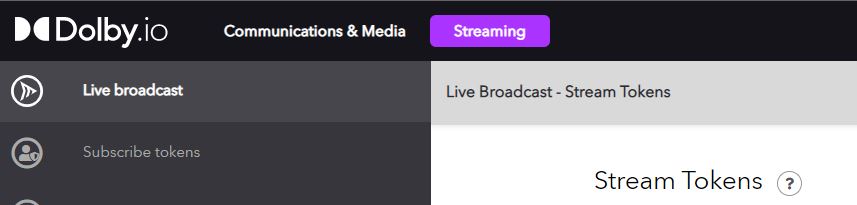 Image of the Dolby.io Dashboard highlight how users should switch to the streaming tab to stream webrtc.
