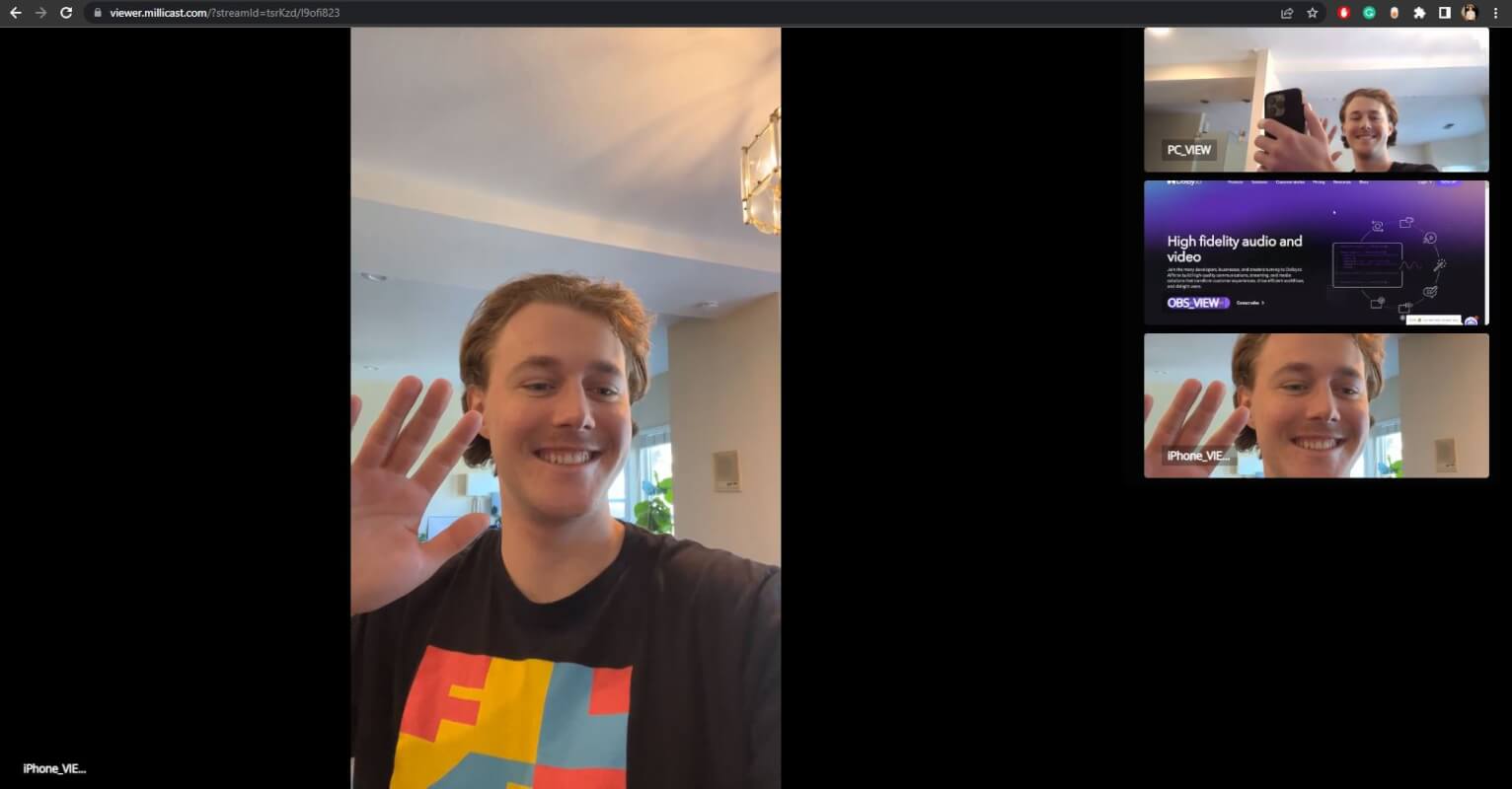 An example of the WebRTC multiview feature streaming three feeds. Users can switch between an iPhone view (Seen enlarged above), a PC webcam view, and a view of the PC desktop streamed from OBS.