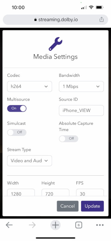 WebRTC streaming settings within the Dolby.io broadcaster this time open on an iPhone. Note how Multisource is switched on and the source ID is defined.