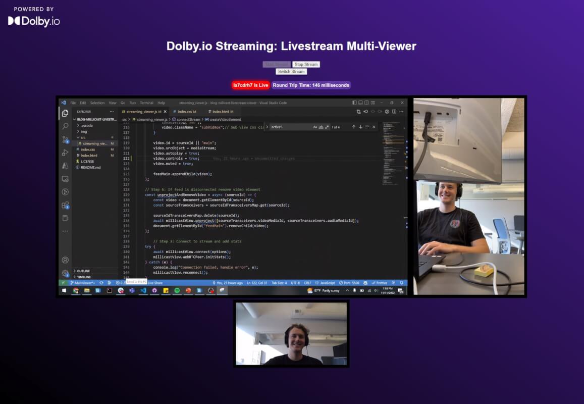 An example image of the finished multiviewer, including three views on a purple and black background: one from OBS streaming the VS Code on the desktop, one from an iPhone showing the author positioned behind the monitor, and one from my PC's webcam again showing the author. Although there is only one viewer, the author, this can scale to 100,000's of concurrent viewers, without delay exceeding 500ms.