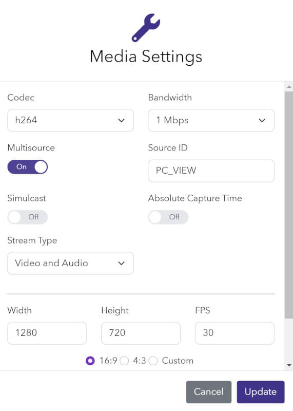 An image of the purple and white settings panel inside of the Dolby.io streaming web broadcaster. In the image multisource is enabled and the Source ID is set to a unique identifier.