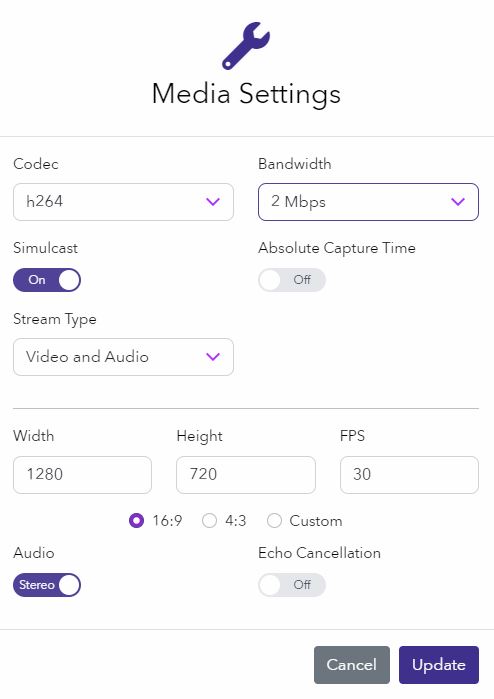 Example of the Dolby.io Streaming Broadcaster settings. You can see the H264 codec is selected and Simulcast switch is turned on. The broadcaster also contains options to throttle bandwidth, stream type, dimensions, and a button to update with the new settings. 