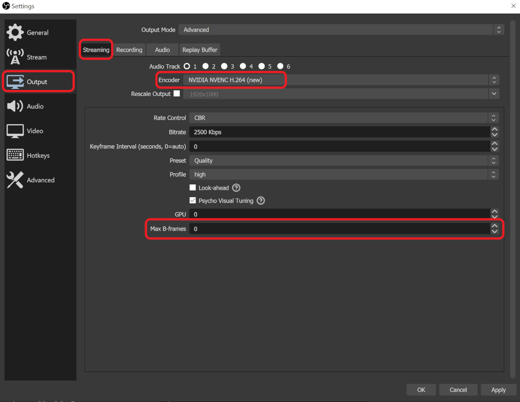 If you are using the NVIDIA NVENC H.264 encoder that comes included with OBS you must set Max B-Frames to 0. Image depicts this fix in the settings which can be found in Output, then Advanced Output Mode, then the Streaming tab, where Encoder is set to NVIDIA NVENC H.264 and then Max B-frames is set to 0. Image depicts each of these settings highlighted in red boxes for clarity.