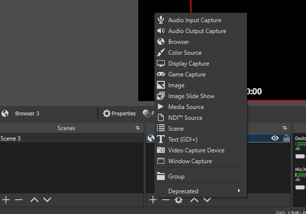 Image showing the various source object a user can create in OBS.