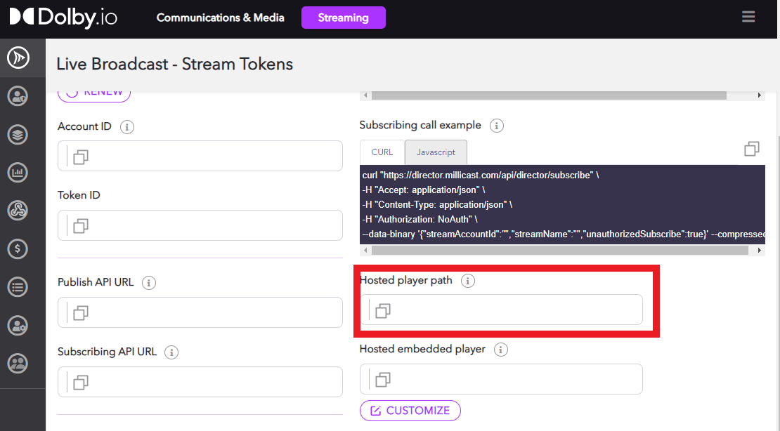 Pictured is a screenshot of the Doby.io Streaming Token API tab, with hosted player path highlighted in a red box. 