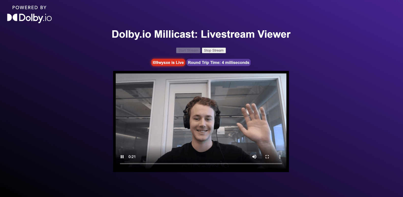 Once users log into the Livestream viewer they connect to a low-latency webRTC stream powered by Dolby.io Millicast. Build a quality ultra low latency livestream platform that can support hundreds of thousands of viewers with just a few lines of JavaScript by leveraging the power of WebRTC and Dolby.io Millicast.