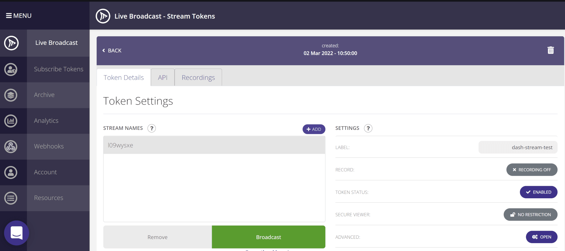 Clicking on the token name brings you into the token settings where you can create a stream. Build a quality ultra low latency livestream platform that can support hundreds of thousands of viewers with just a few lines of JavaScript by leveraging the power of WebRTC and Dolby.io Millicast.