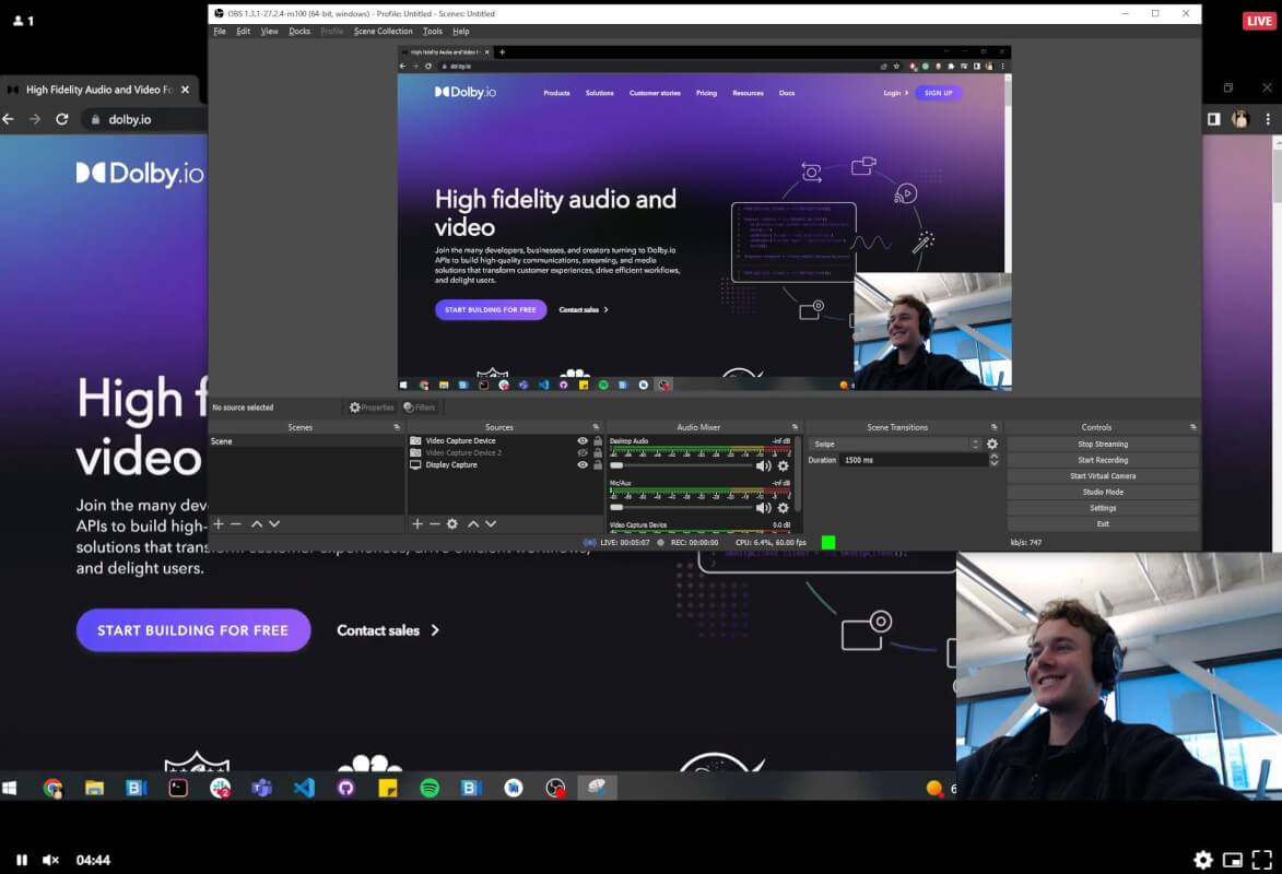 Image of author sharing his screen in OBS and streaming it out via WebRTC.
