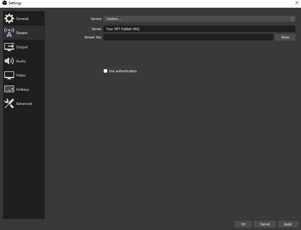 Pictured is a screenshot of the black and grey OBS stream settings page. On screen the Service is set to "Custom" and Server is set to "Your SRT Publish URL". 