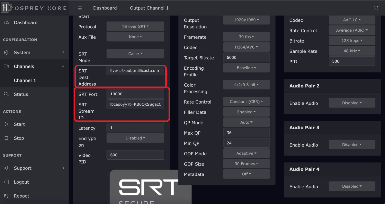 Pictured on screen is a screenshot of the black and grey Osprey settings board with SRT Dest Address, SRT Port, and SRT Stream ID highlighted in red to indicate where users should input credentials to start an srt stream through the dolby.io servers.