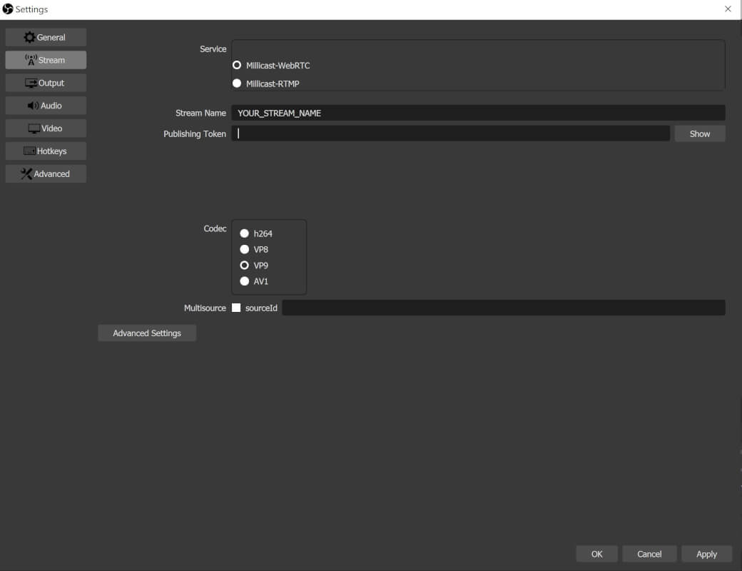 Image of the WebRTC OBS stream settings page where you can control the WebRTC stream.