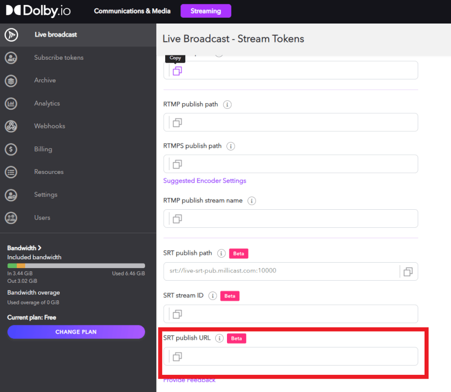 Pictured is a screenshot of Dolby.io Streaming Token API tab. Highlighted on screen in a red box is the SRT publish URL used in OBS.