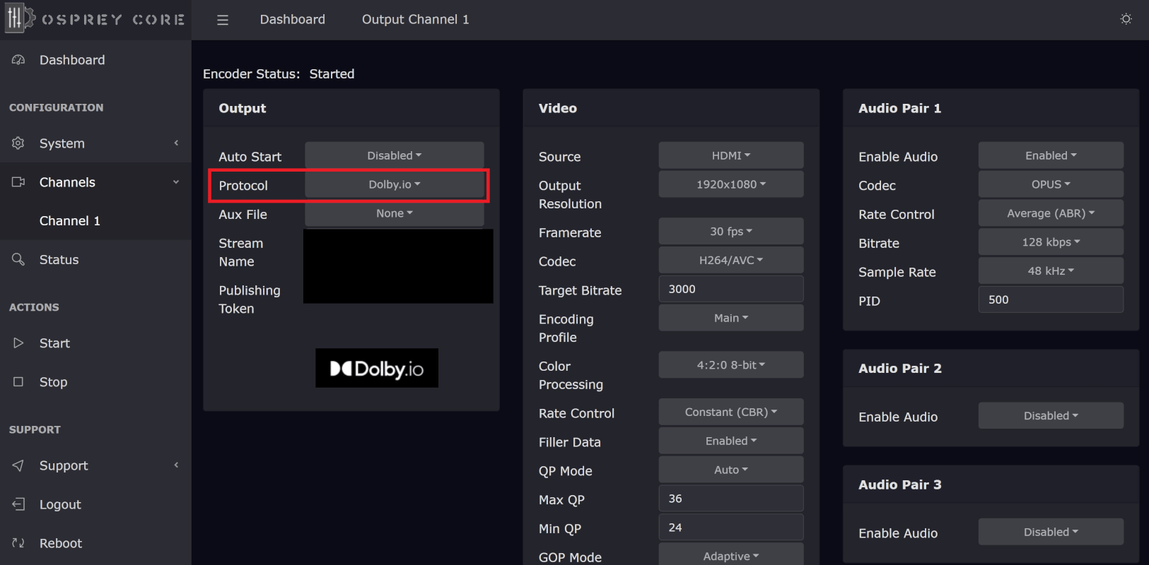 The channels tab of the web interface with the protocol highlighted to indicate that the protocol should be set to WebRTC Dolby.io. Additionally the stream name and publishing tokens are blurred out.