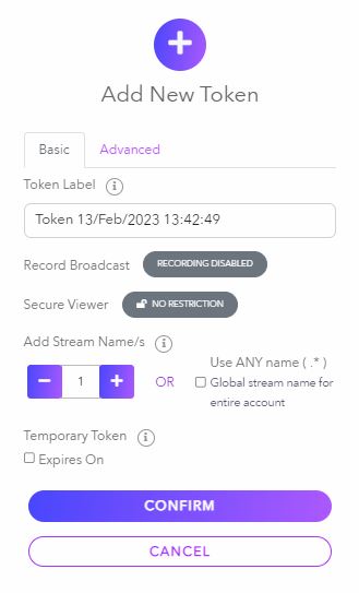 Screenshot of creating a new token with the dolby.io streaming token creation menu.