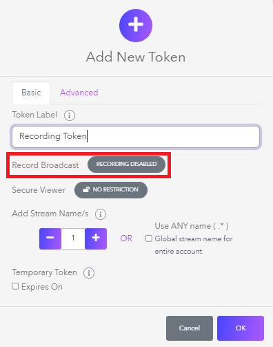 Pictured is the token creation interface with the Recording broadcast setting highlighted in red to remind users to enable it.