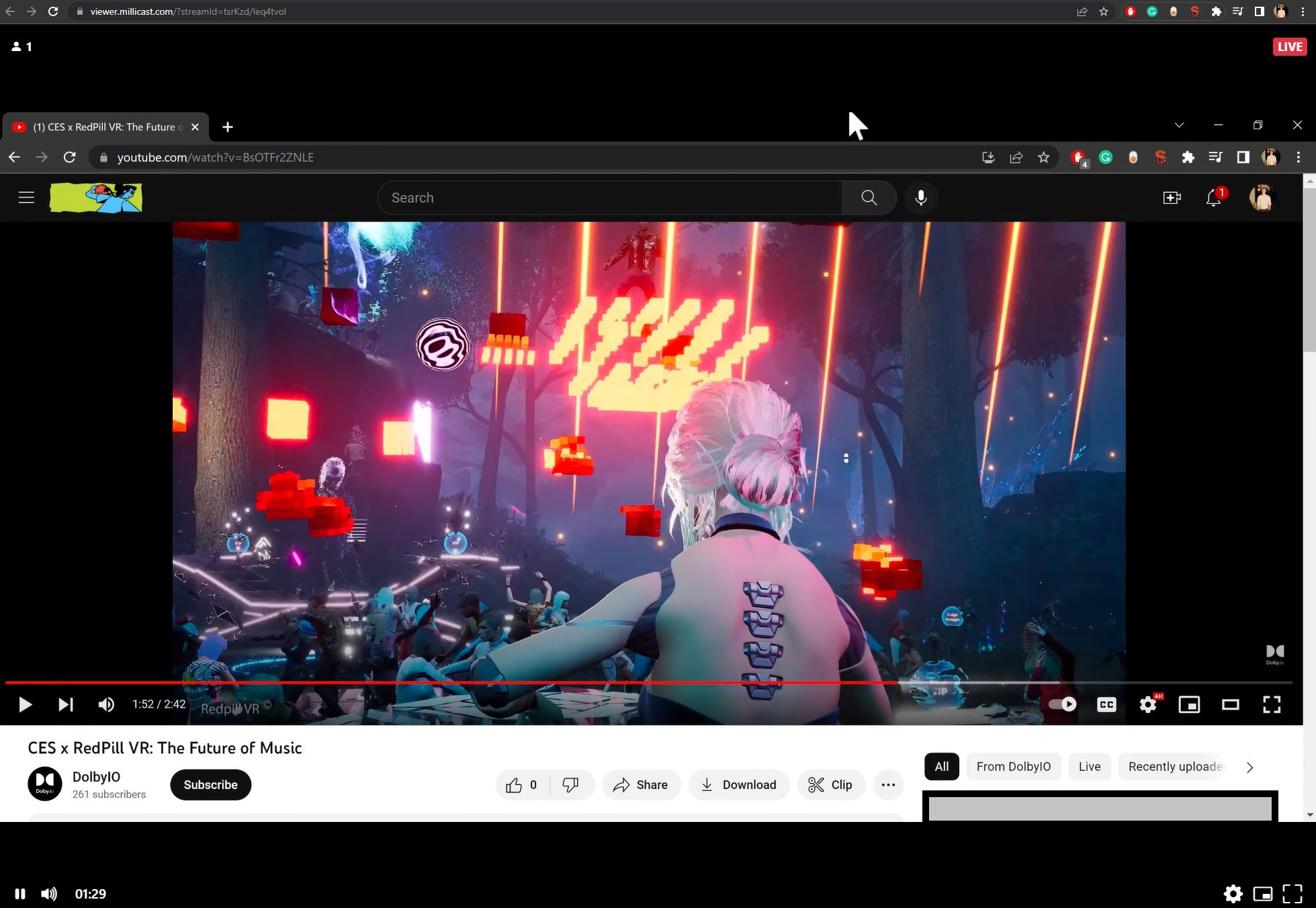 Image of an in-browser stream viewer playing a dolby.io youtube video. The video highlights how many people are watching the stream, whether the stream is live, and the player controls along the bottom. The content of the shared screen is irrelevant.