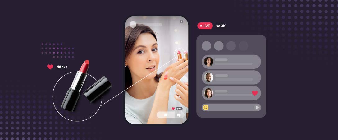 Live stream shopping on mobile with woman holding lipstick
