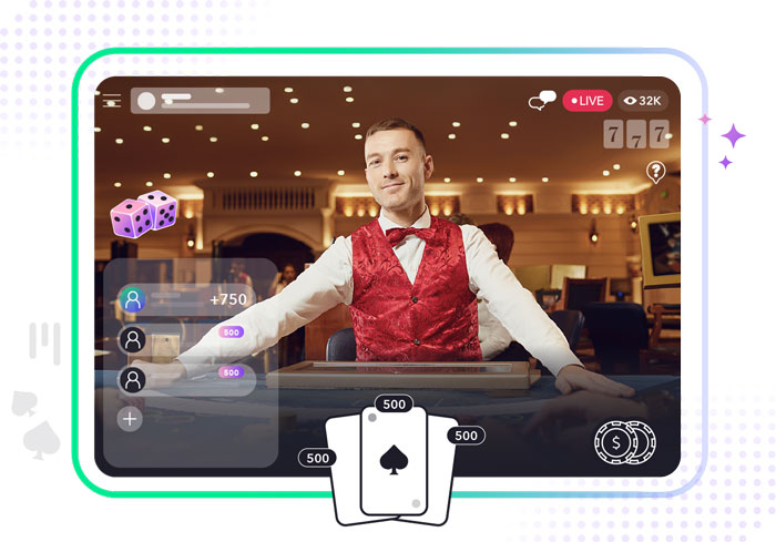 Live stream of a black jack dealer with dice to the left and cards displayed in front of the stream