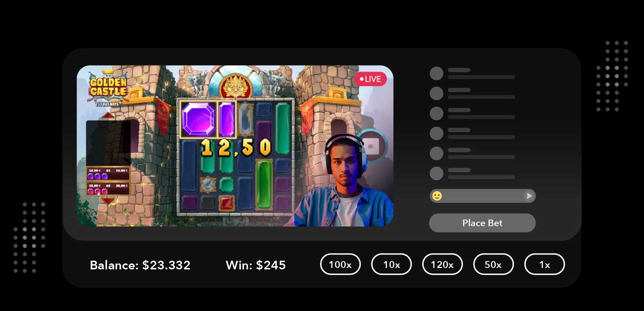 Image of an online gem game with a streamer in the bottom right corner featuring bet behind ui around the stream showing how a viewer can place a bet