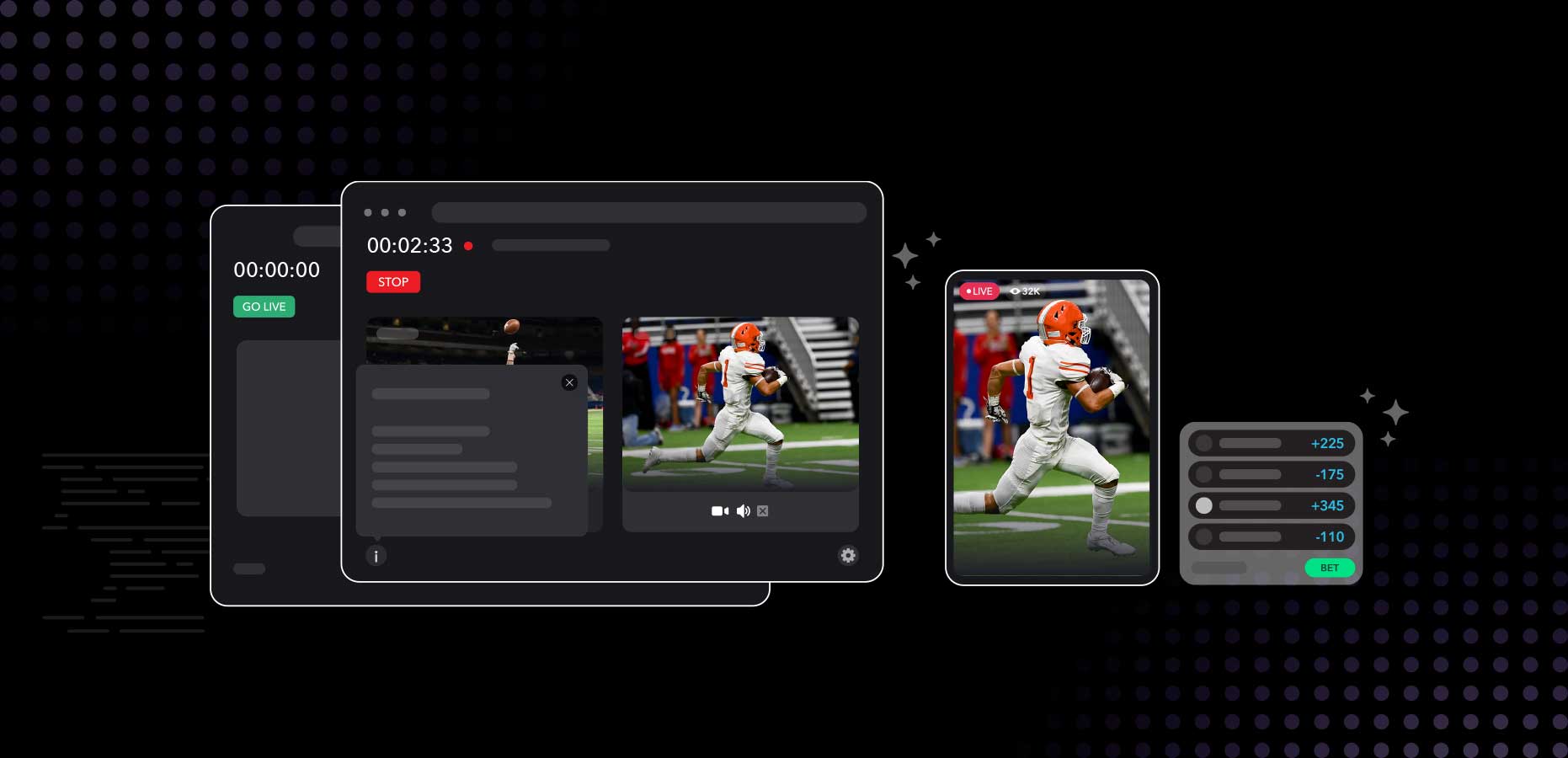 Live stream publisher to the left showing the ability to go live with an American football stream with betting statistics to the right of the stream