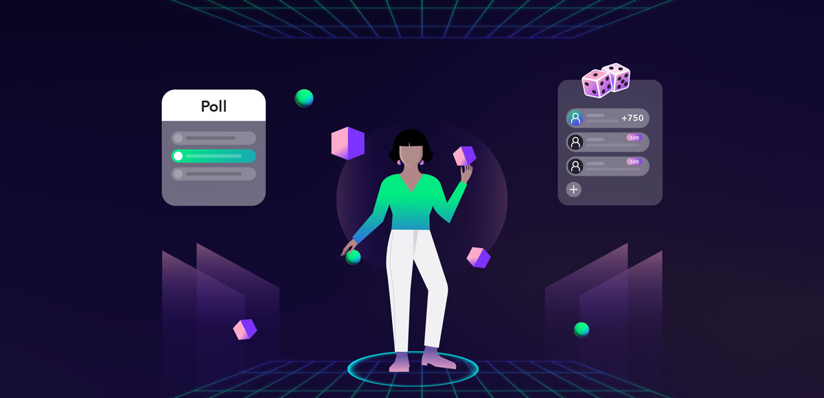 3D environment with a female avatar wearing a green shirt and white pants in the center. To the right we see betting data and a set of dice, to the left we see a live poll