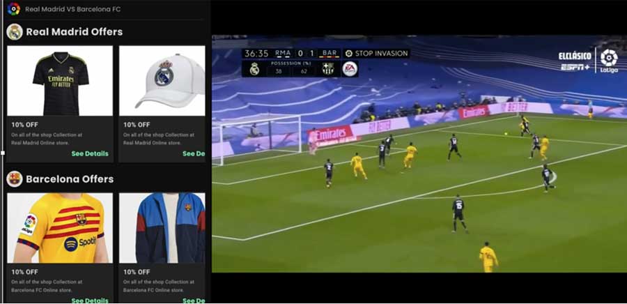 Live stream of Madrid football team playing on the field with ads for team merchandise shown to left of the stream.