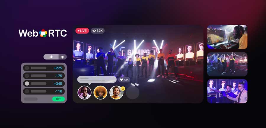 Live trivia game show with players standing in a row. Showcasing interactive social features on the bottom and betting data to the left