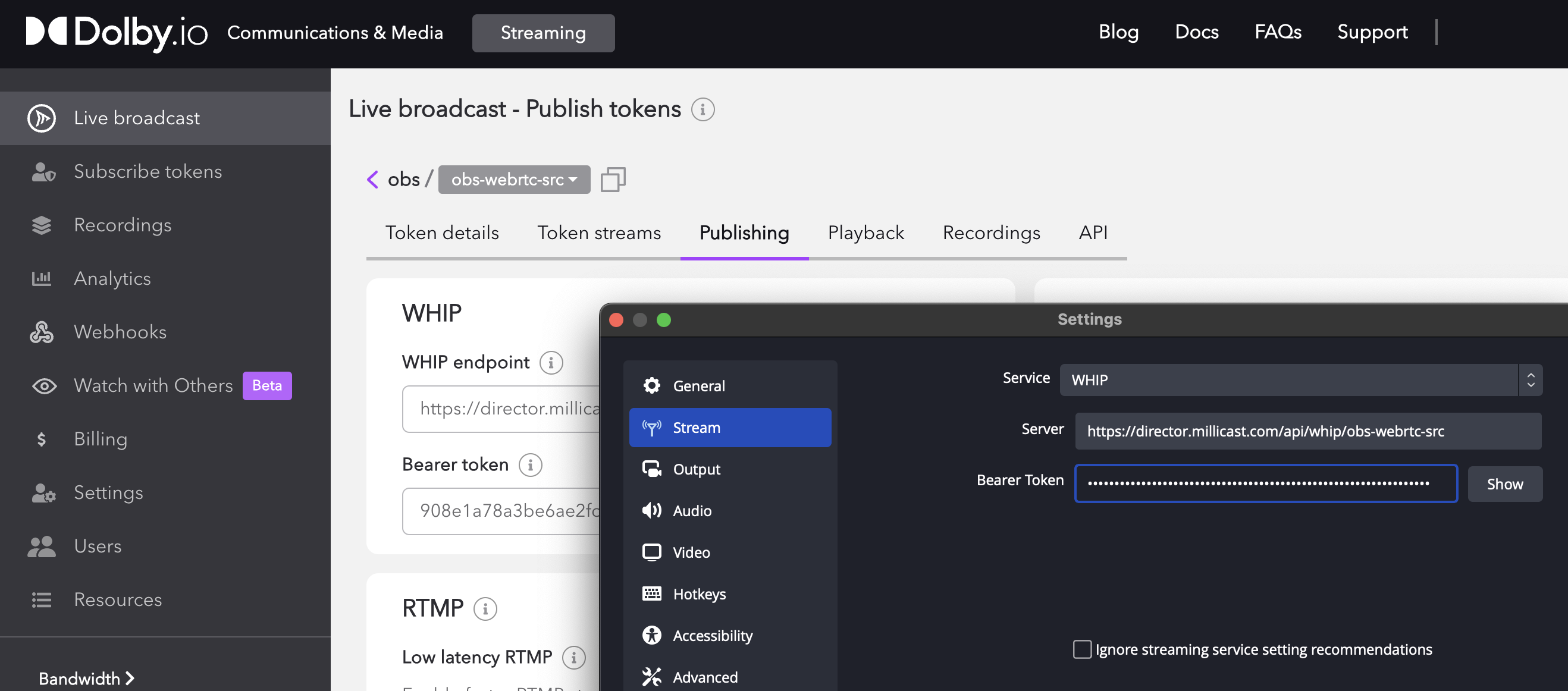 Copy WHIP Publishing Settings from Dashboard