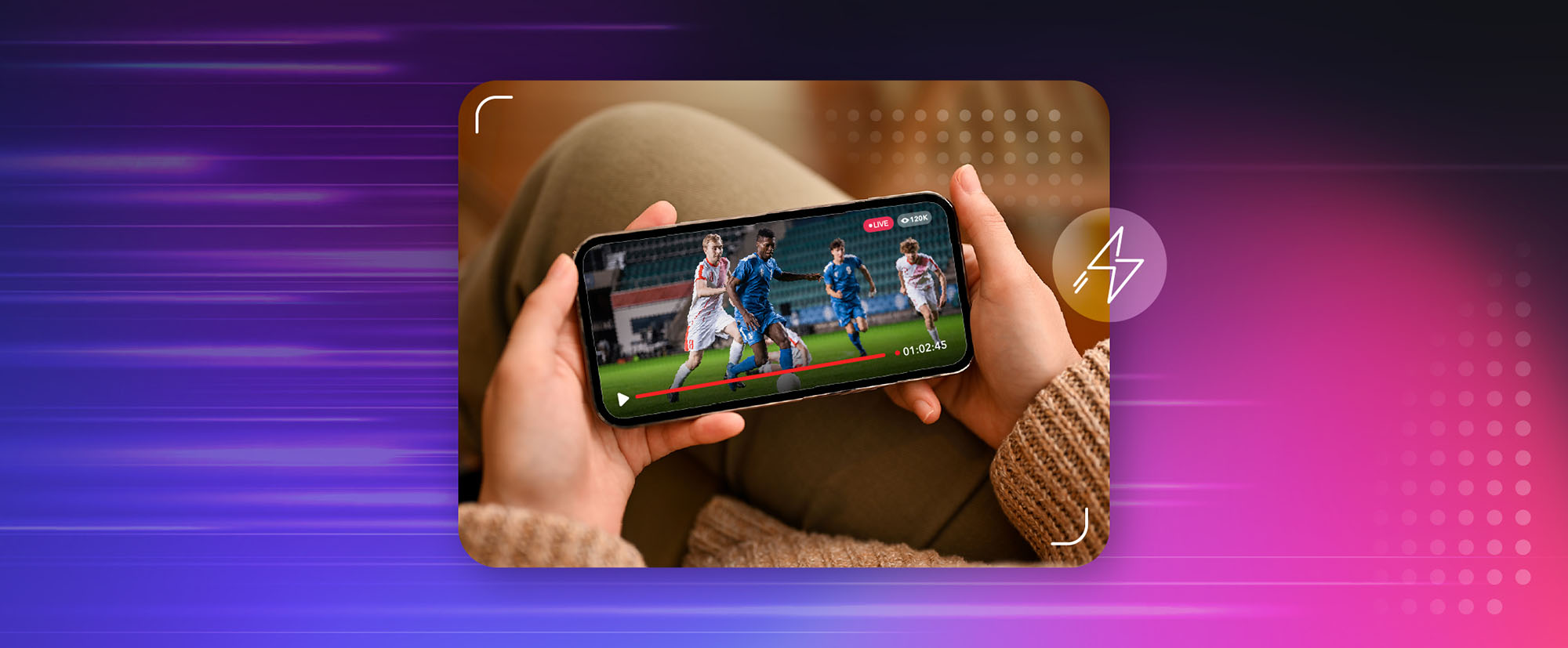  image of woman holding phone of a live sports broadcast of a soccer game streaming live
